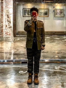 「アイテム（ミリタリージャケット、ゴールド系）」を使った、yolo132さん（メンズ・165cm）の春コーディネート