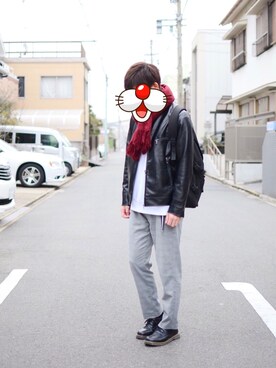 「THE CASUAL（カジュアル）のアイテム（ライダースジャケット）」を使った、🐐さん（メンズ・173cm）の冬コーディネート