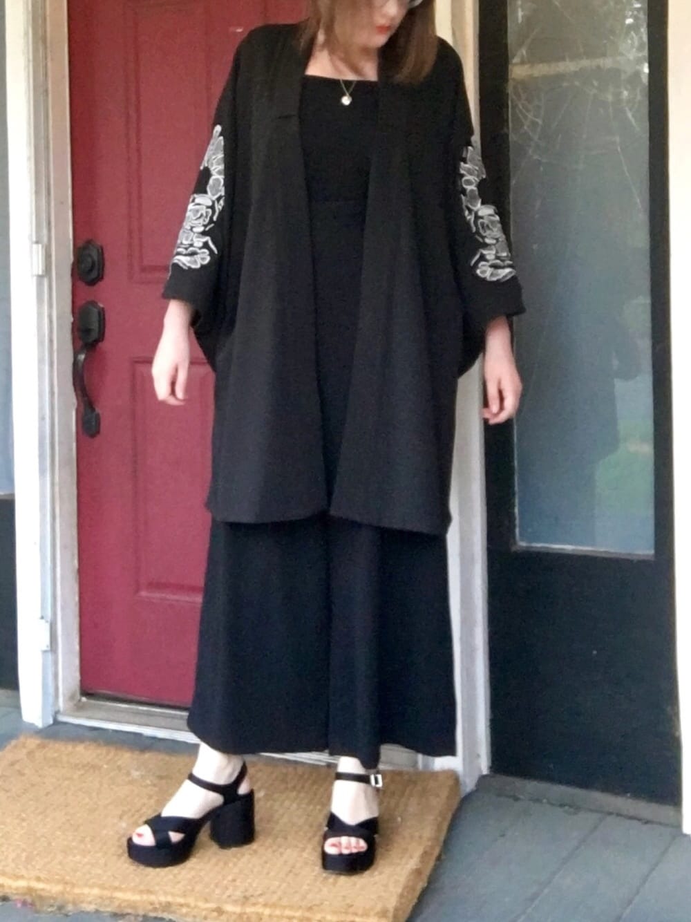 「kimono、embroidery、snake、Wide Pants、sandals、platform shoes、JILSANDER、MARCELO BURLON」｜「JIL SANDERのアイテム（サンダル、ブラック系）」を使った、mandarkさん（レディース・157cm）の春コーディネートの1枚目の写真