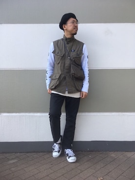 「袖プリント」｜「アイテム（ハンチング/ベレー帽）」を使った、Mitsuhiro Tamuraさん（メンズ・172cm）の冬コーディネート