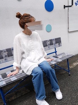 「LOWRYS FARM（ローリーズファーム）のCONEハイライズワイドデニム　800874（デニムパンツ）」を使った、うえちさん（レディース・153cm）の春コーディネート