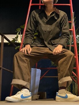 「Barbour（バブアー）のアイテム（ライダースジャケット）」を使った、bambiさん（メンズ・177cm）の冬コーディネート