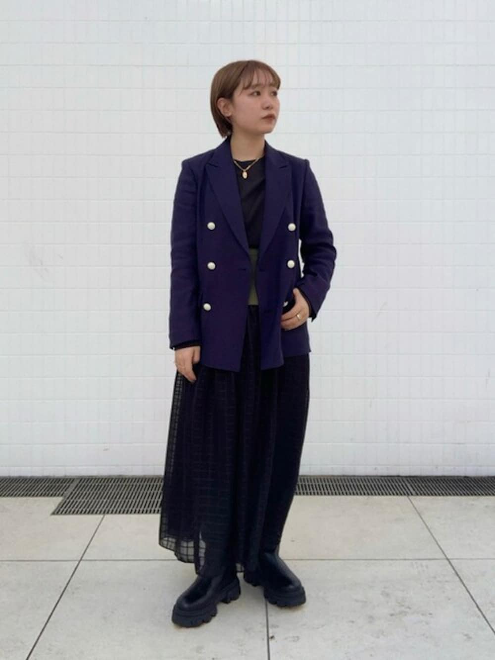 「SHIPS、boemos、SHIPS for women、HERMINAATHENS」｜「SHIPSのツイルダブルブレストジャケット（セットアップ対応）◇（テーラードジャケット、ブルー系）」を使った、下村さん（レディース・154cm）の冬コーディネートの1枚目の写真