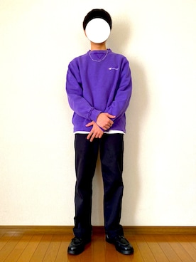 「Champion（チャンピオン）のアイテム（スウェット、パープル系）」を使った、Kitさん（メンズ・162cm）の春コーディネート