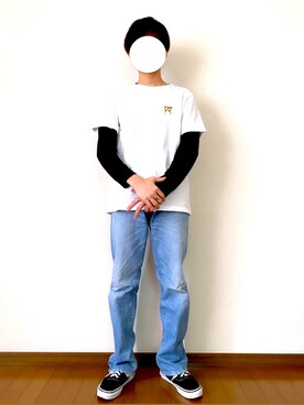 「GU（ジーユー）のアイテム（Tシャツ/カットソー、ホワイト系）」を使った、Kitさん（メンズ・162cm）の春コーディネート