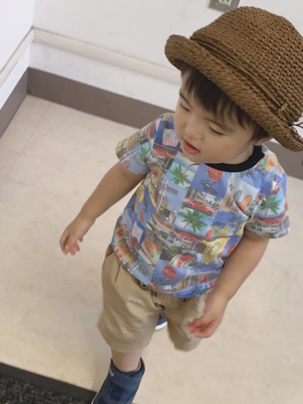 「2歳、男の子、男の子コーデ、キッズコーデ、キッズファッション、おとこのこ」｜「無印良品のアイテム（帽子、ブラウン系）」を使った、kun☆さん（キッズ・80cm）の夏コーディネートの1枚目の写真