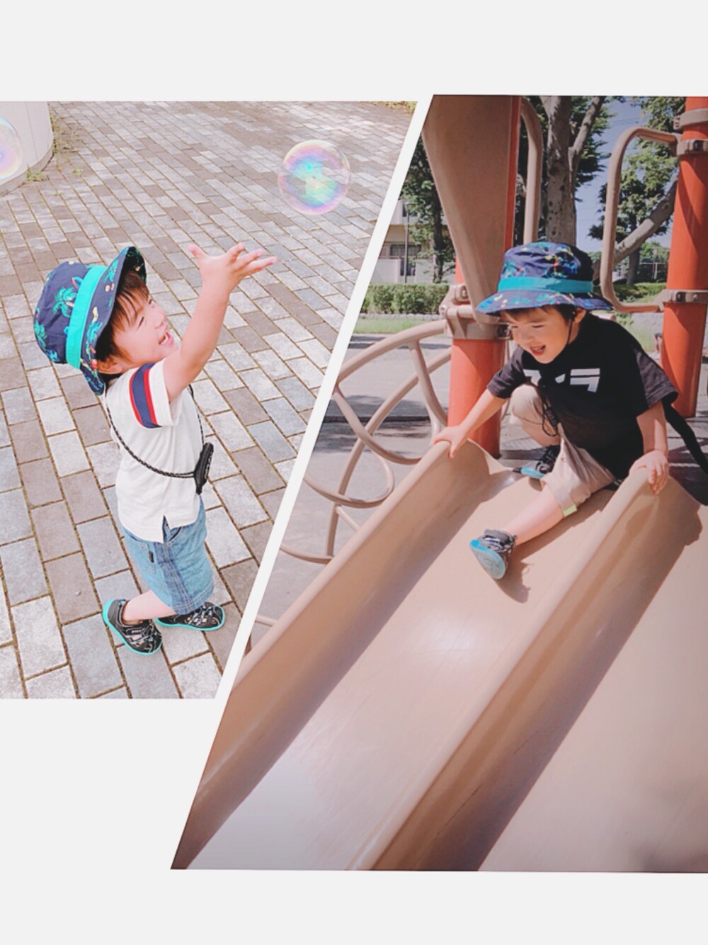 「キッズコーデ、休日スタイル、男の子コーデ、3歳、ボタニカル柄、ロゴT」｜「GRIN BUDDYの【GRIN BUDDY(グリンバディ）】キッズサンハット/Kids Enjoy Sun Hat（ハット、その他）」を使った、kun☆さん（キッズ・90cm）の夏コーディネートの1枚目の写真