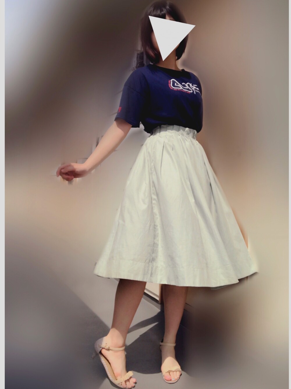 「FILA、mysty woman、プチプラ、しまむら、Tシャツ、フレアスカート、RANDA、チェック、ミントグリーン、大学生」｜「FILAの【FILA】ロゴプリントＴシャツ（Tシャツ/カットソー、ブルー系）」を使った、みっけすとさん（レディース・165cm）の夏コーディネートの1枚目の写真