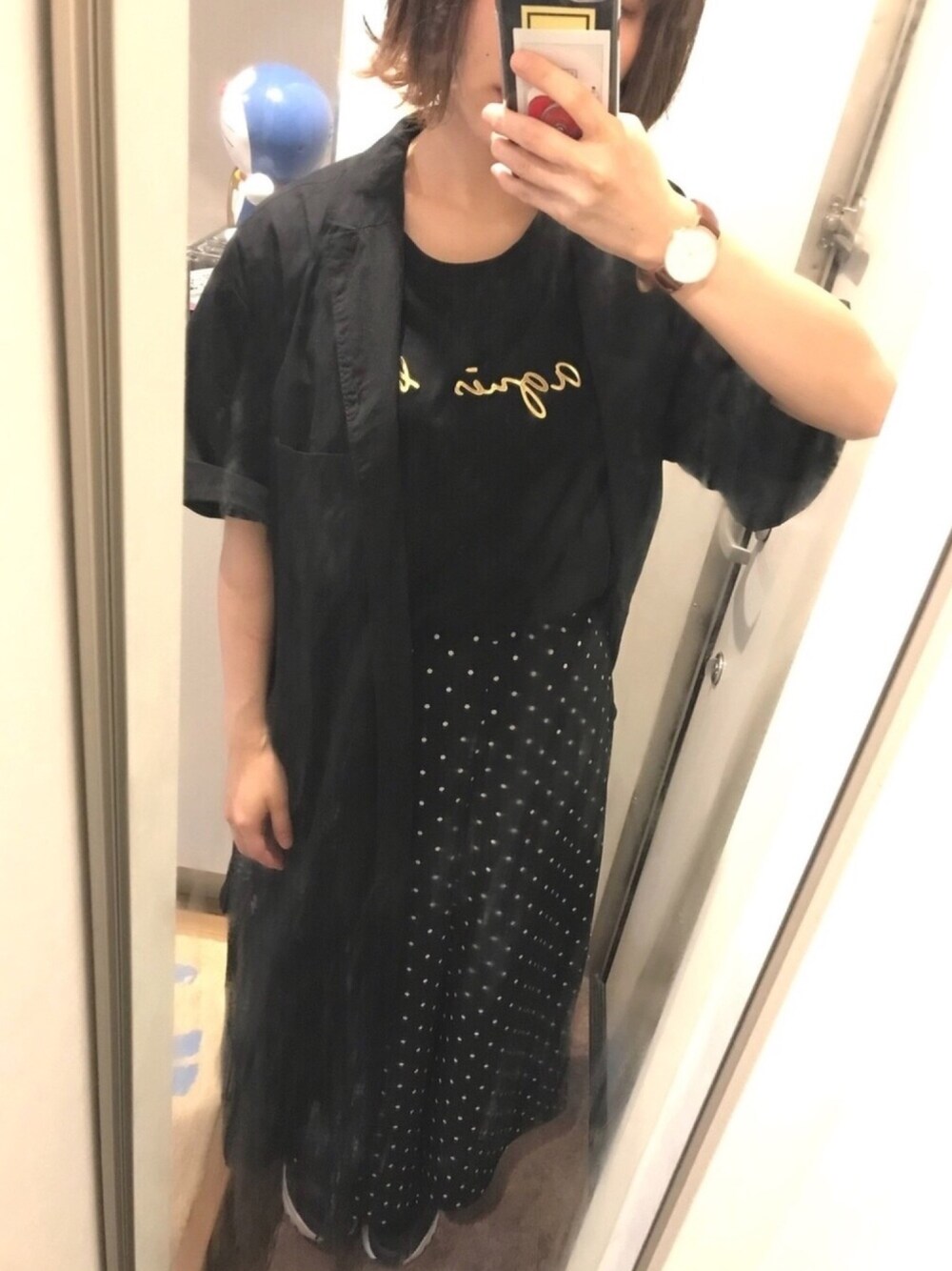 「アニエスベー、ドット、GU、agnes b.、アニエスベー(agnes b.)、UNIQLO、ショートヘア、黒、ラクチンコーデ、シンプルコーデ」｜「かぐれのかぐれ ギザコットンシャツワンピース（シャツワンピース、ブラック系）」を使った、マナムさん（レディース・153cm）の春コーディネートの1枚目の写真