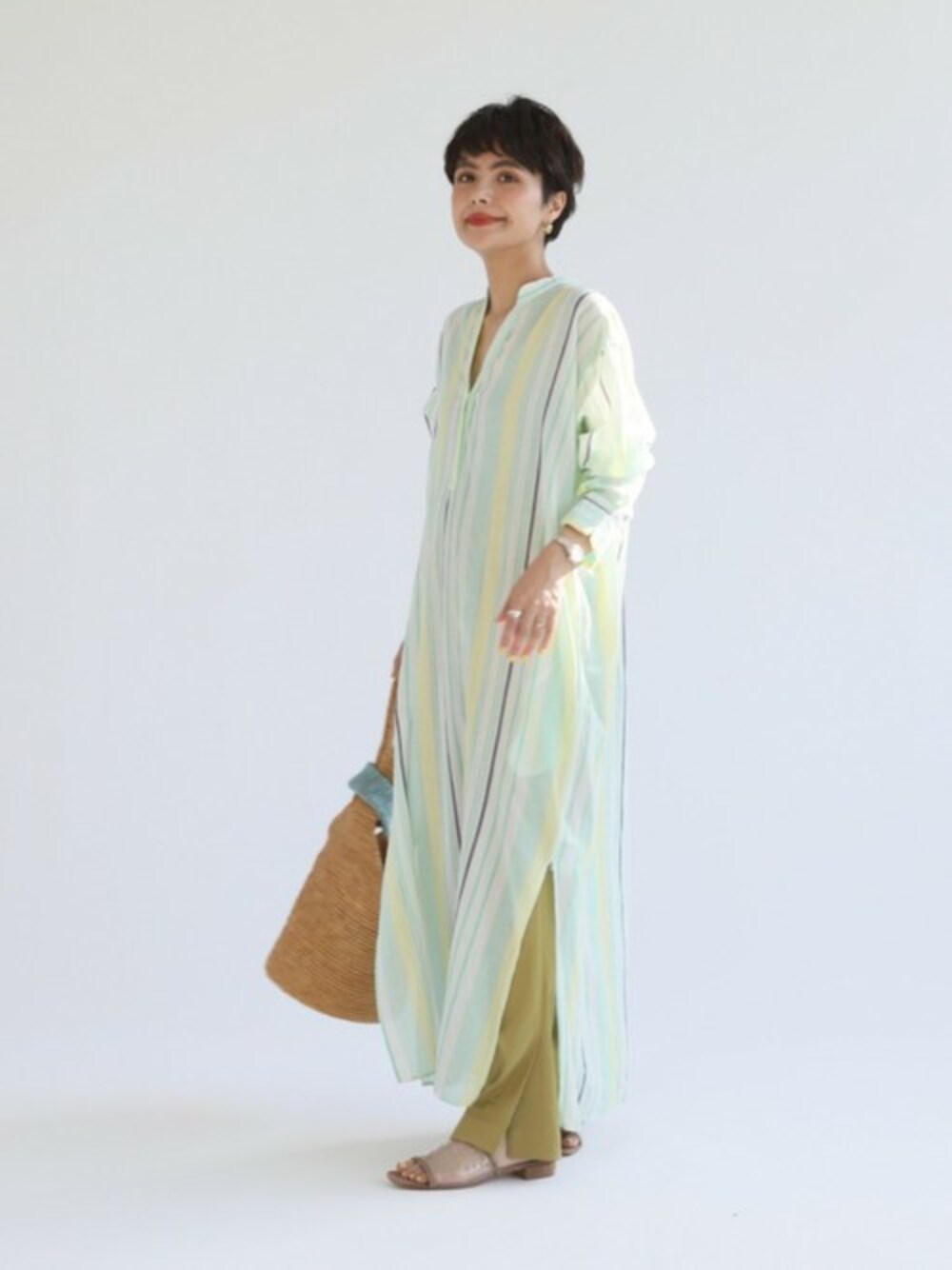 Spick & Span ヌキテパ おそく 別注ストライプクルタドレス グリーン系 