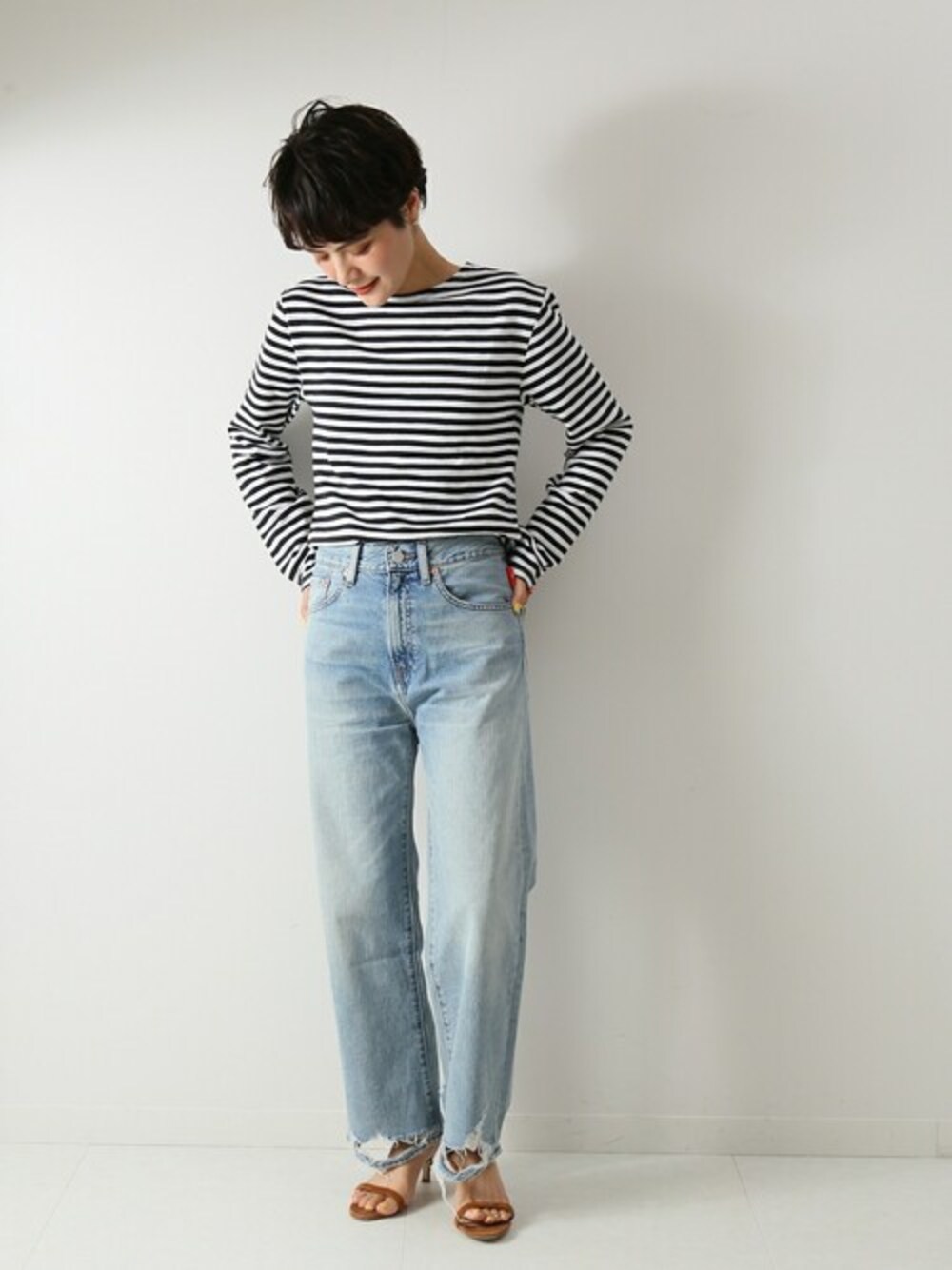 「デニム、ボーダー、スピック＆スパン、Spick & Span(Spick & Span)、2020ss」｜「Spick & Spanの【DENIMIST】Pierce High Rise◆（デニムパンツ、ブルー系）」を使った、Press marieさん（レディース・154cm）の春コーディネートの1枚目の写真