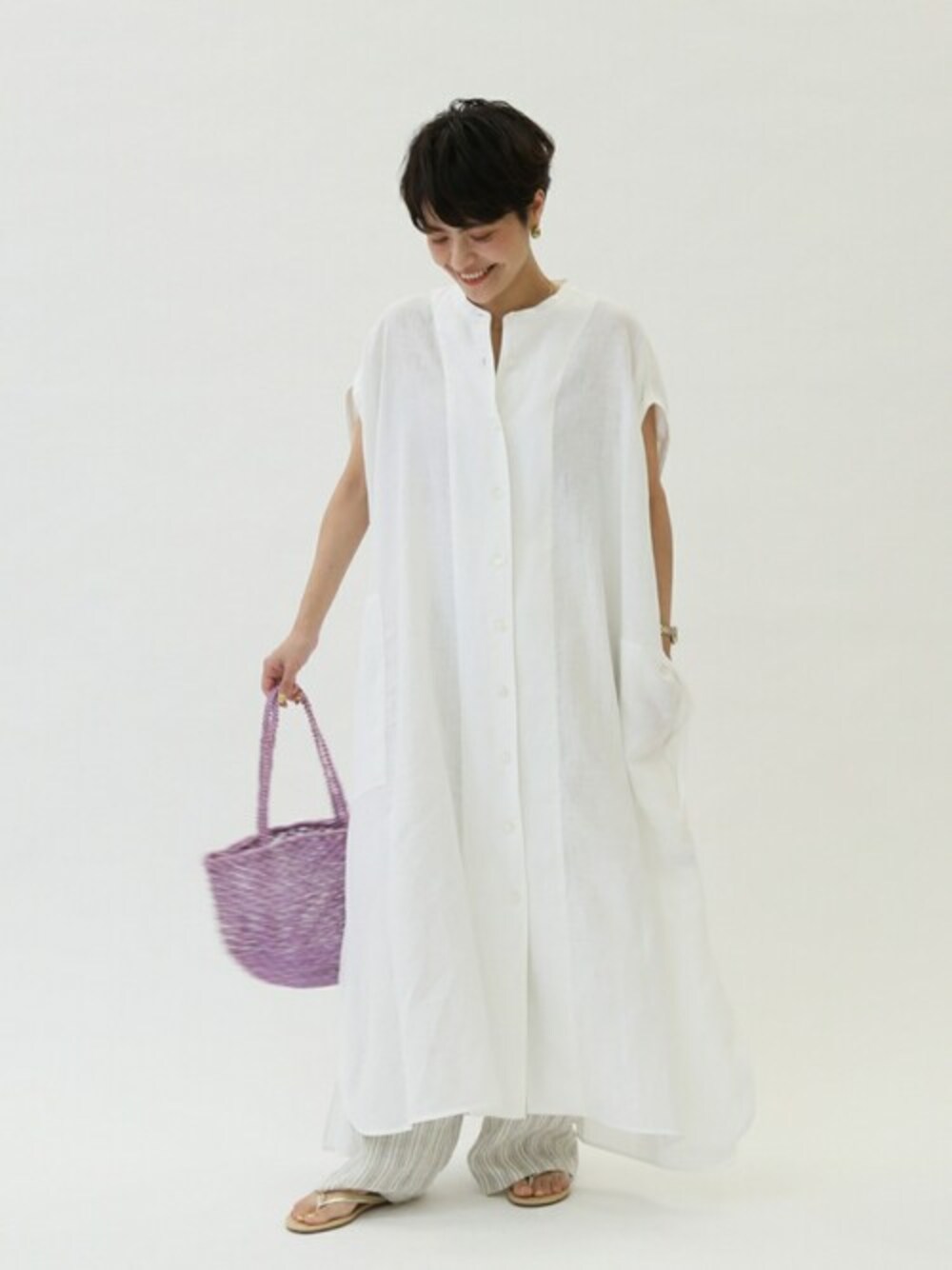 「ワンピース、ホワイト、スピック＆スパン、Spick & Span(Spick & Span)、2020ss」｜「Spick & Spanの【TICCA】ノーカラーフレンチスリーブワンピース◆（ワンピース、ホワイト系）」を使った、Press marieさん（レディース・154cm）の夏コーディネートの1枚目の写真