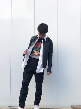 「SPINNS（スピンズ）のアイテム（ライダースジャケット）」を使った、いのうえさん（メンズ・169cm）の冬コーディネート