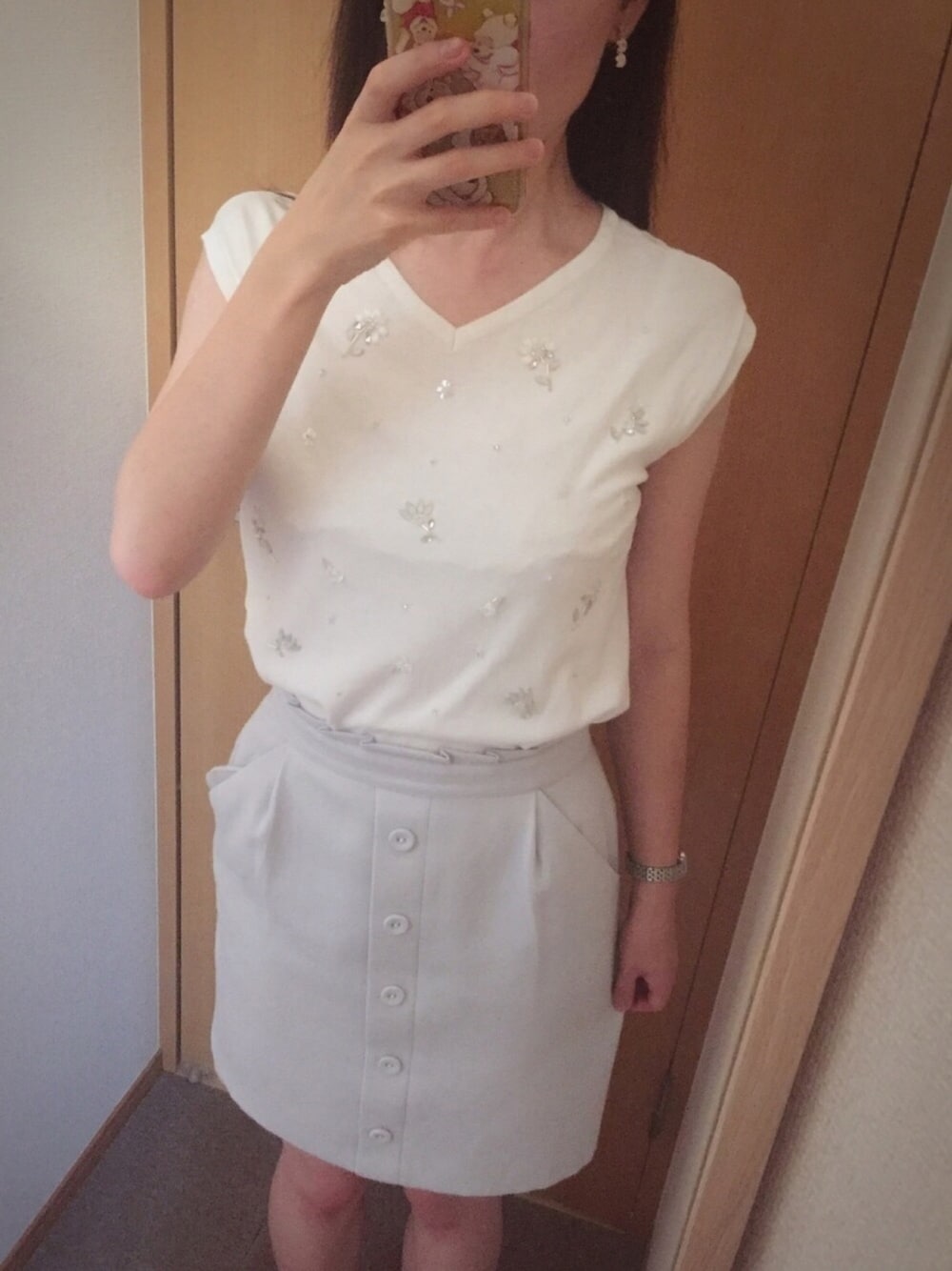 「MISCH MASCH、LODISPOTTO、ﾋﾞｼﾞｭｰﾄｯﾌﾟｽ」｜「LODISPOTTOのリトルフラワーイヤリング（イヤリング、ピンク系）」を使った、み♡さん（レディース・162cm）の夏コーディネートの1枚目の写真