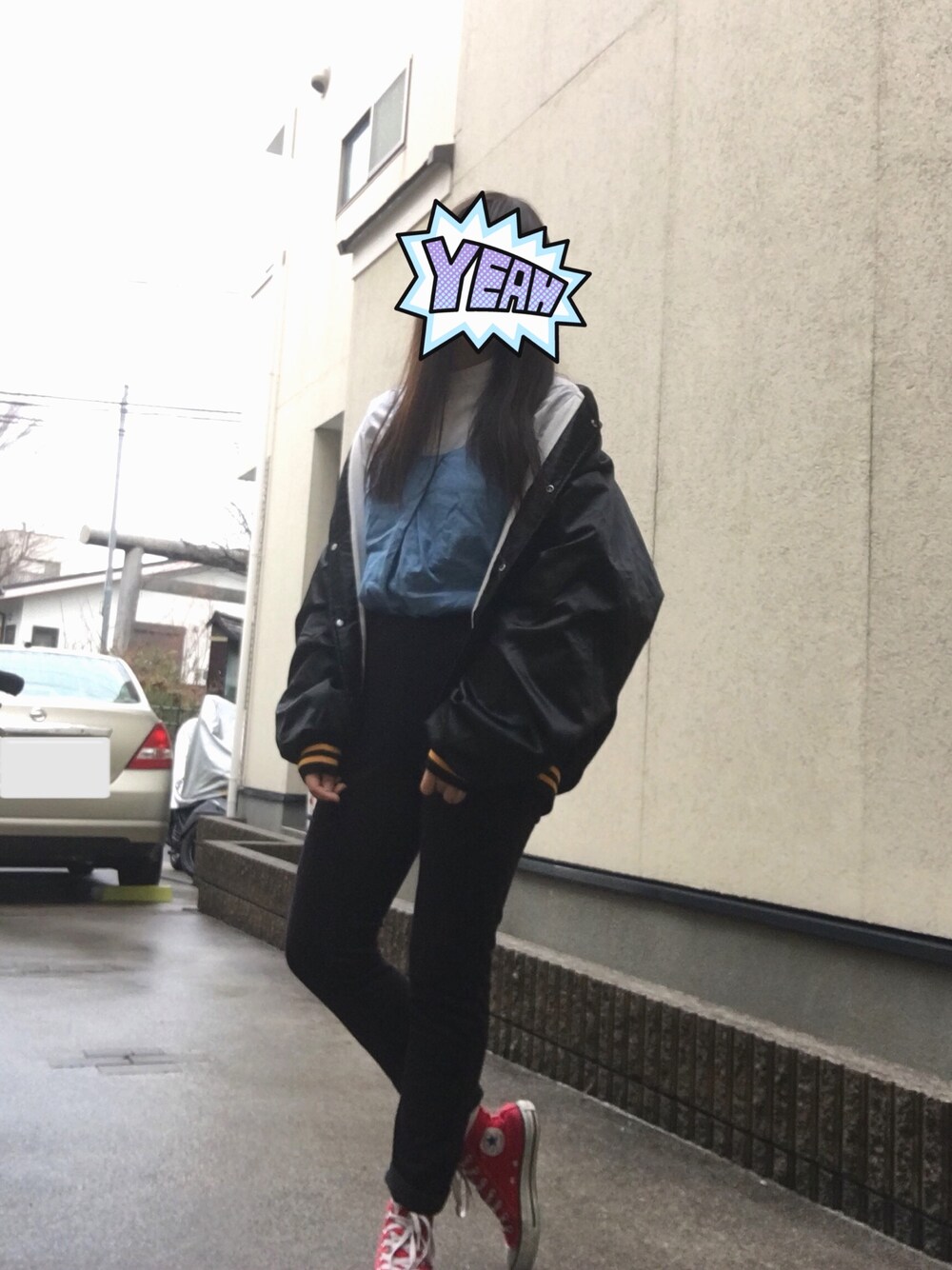 「スタジャン、春コーデ、大学生、シンプル、コンバース、高円寺、韓国ファッション、ノーカラーシャツ、ビッグシルエット、スキニー」｜「古着のアイテム（スタジャン、ブラック系）」を使った、Marikoさん（レディース・163cm）の春コーディネートの1枚目の写真