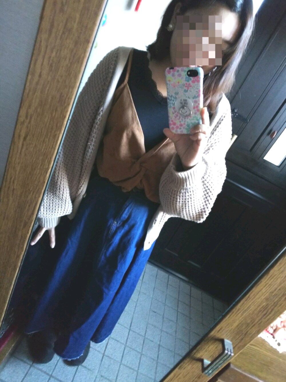 「大きいサイズ、しまむら、アベイル、ぽっちゃり、大人カジュアル」｜「しまむらのアイテム（スカート、ブルー系）」を使った、もーちゃんさん（レディース・157cm）の秋コーディネートの1枚目の写真