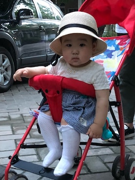 「taobaoのアイテム（ワンピース、ブルー系）」を使った、帕塔斯基さん（キッズ・90cm）の夏コーディネート