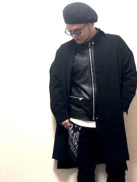 「CRIMIE（クライミー）のTHE CR BERET（ハンチング/ベレー帽、ブラック系）」を使った、Yu-yaさん（メンズ・177cm）の冬コーディネート
