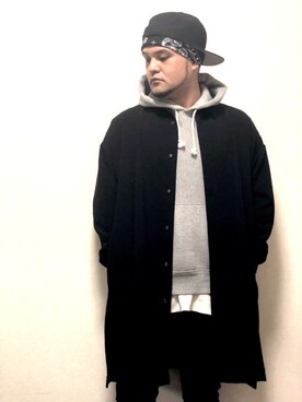 「Lui's（ルイス）のサイドスリット ビッグシルエット シャツコート（シャツ/ブラウス、ブラック系）」を使った、Yu-yaさん（メンズ・177cm）の冬コーディネート