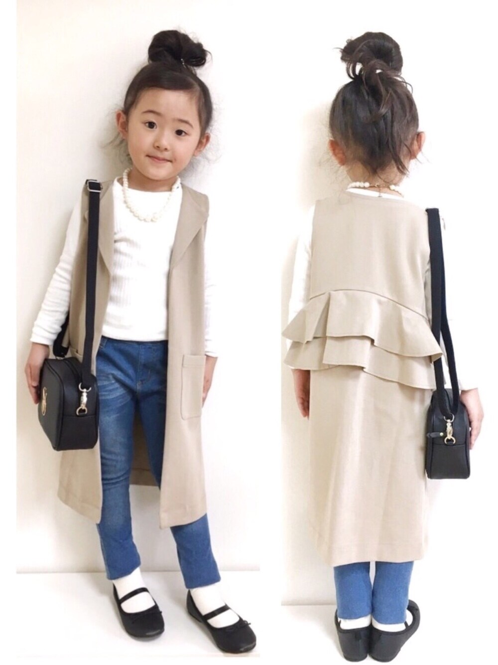 「petitmain、女の子、トレンチコート、Branshes、キッズコーデ、UNIQLO、キッズファッション、4歳、GU、バレエシューズ」｜「petit mainのポンチ素材ロングジレ（ベスト、ベージュ系）」を使った、amo.dollさん（キッズ・100cm）の春コーディネートの1枚目の写真