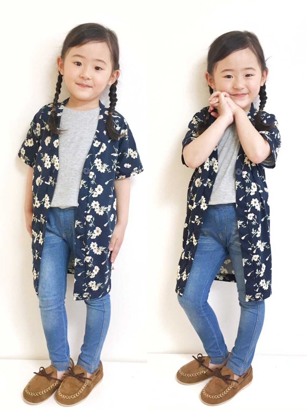「花柄ｶﾞｳﾝ、花柄カーディガン、ロングカーディガン、4歳、おんなのこ、キッズファッション、カジュアル、デニムパンツ、GU、UNIQLO」｜「UNIQLOのGIRLS デザインT（半袖）＋EC（Tシャツ/カットソー、グレー系）」を使った、amo.dollさん（キッズ・100cm）の春コーディネートの1枚目の写真