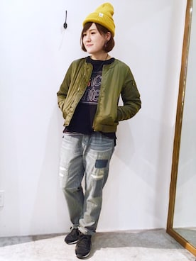「ヒッコリー」｜「アイテム（MA-1）」を使った、キョウコさん（レディース・160cm）の冬コーディネート
