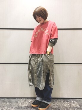 「ヒッコリー」｜「アイテム（シャツワンピース）」を使った、キョウコさん（レディース・160cm）の春コーディネート