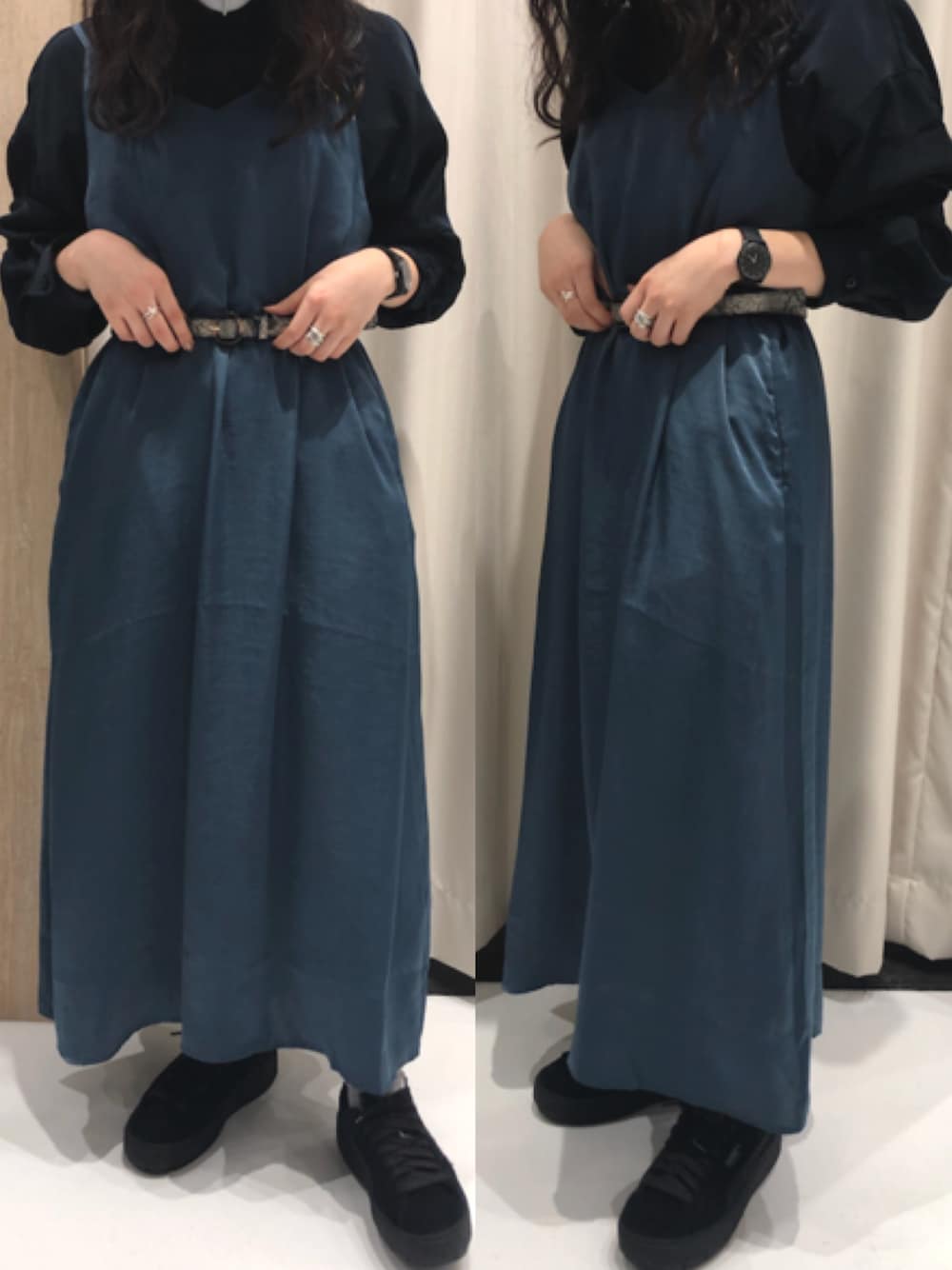 「AMERICAN HOLIC、アメホリ、アメホリコーデ、サテンワンピース、とろみシャツ」｜「AMERICAN HOLICのVネックバックタックキャミワンピース ＊●（ワンピース、ブルー系）」を使った、ricoさん（レディース・157cm）の秋コーディネートの1枚目の写真