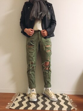 「FOREVER 21」｜「アイテム（ライダースジャケット）」を使った、na◡̈さん（レディース・160cm）の春コーディネート