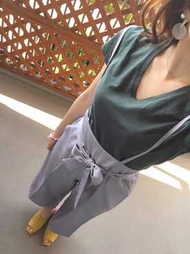 「AZUL by moussy（アズールバイマウジー）のｵｰｶﾞﾆｯｸｺｯﾄﾝVﾈｯｸ半袖PO（Tシャツ/カットソー）」を使った、A-miさん（レディース・160cm）の春コーディネート