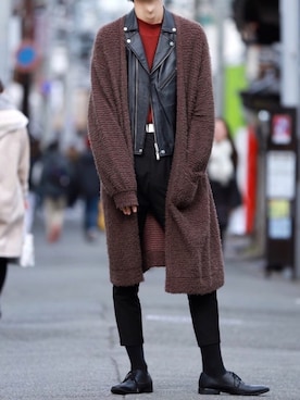 「コーディガン」｜「アイテム（ライダースジャケット）」を使った、Ryoさん（メンズ・186cm）の冬コーディネート