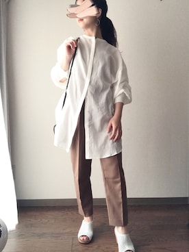 「andme（アンドミー）の【13色展開】きれいめツイル美脚ドローストリングテーパードパンツ（スラックス）」を使った、tsugさん（レディース・150cm）の夏コーディネート