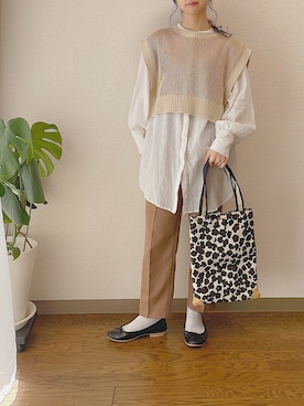 「andme（アンドミー）の【13色展開】きれいめツイル美脚ドローストリングテーパードパンツ（スラックス）」を使った、tsugさん（レディース・150cm）の春コーディネート