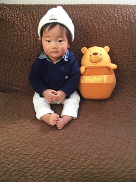 「アイテム（ロンパース、グリーン系）」を使った、kotarou☆さん（キッズ・70cm）の冬コーディネート