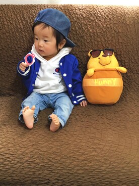 「petit main（プティマイン）のアイテム（スタジャン）」を使った、kotarou☆さん（キッズ・70cm）の冬コーディネート