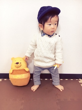 「アイテム（ロンパース、グリーン系）」を使った、kotarou☆さん（キッズ・70cm）の冬コーディネート