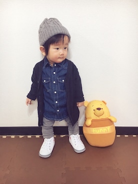 「H&M（エイチ・アンド・エム）のアイテム（カーディガン/ボレロ）」を使った、kotarou☆さん（キッズ・70cm）の冬コーディネート