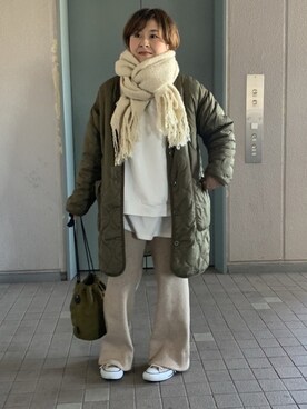 「GU（ジーユー）のアイテム（ノーカラージャケット）」を使った、るみっぺさん（レディース・150cm）の冬コーディネート