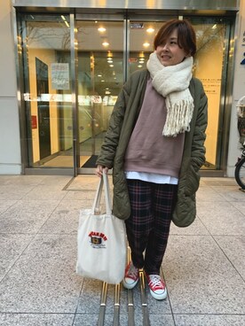 「GU（ジーユー）のアイテム（ノーカラージャケット）」を使った、るみっぺさん（レディース・150cm）の冬コーディネート