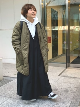 「GU（ジーユー）のアイテム（ノーカラージャケット）」を使った、るみっぺさん（レディース・150cm）の冬コーディネート