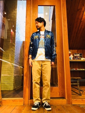 「コラボレーション」｜「アイテム（スカジャン）」を使った、matsuさん（メンズ・175cm）の春コーディネート