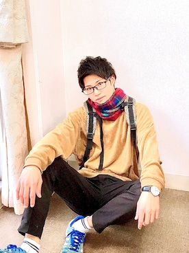 「アイテム（バックパック/リュック、シルバー系）」を使った、Miyaさん（メンズ・170cm）の秋コーディネート