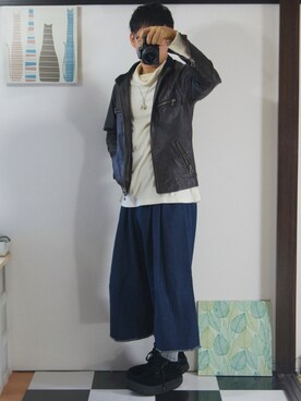 「アイテム（ライダースジャケット）」を使った、かいがらさん（メンズ・172cm・20代）の秋コーディネート
