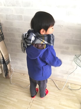 「Moujonjon（ムージョンジョン）のアイテム（ダッフルコート）」を使った、yukko512さん（キッズ・80cm）の冬コーディネート