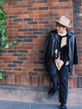 「ハットコーデ」｜「アイテム（ライダースジャケット）」を使った、FUJIWARAさん（メンズ・173cm）の春コーディネート