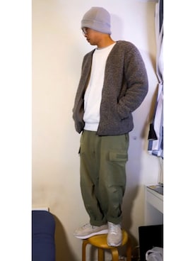 「GU（ジーユー）のアイテム（ノーカラージャケット）」を使った、NIXONさん（メンズ・168cm）の冬コーディネート