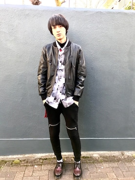 「オフホワイト」｜「アイテム（ライダースジャケット）」を使った、宮下雅人   さん（メンズ・183cm）の冬コーディネート