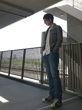 「WHEREABOUTS（ウェアラバウツ）のアイテム」を使った、林Qさん（メンズ・171cm）の春コーディネート