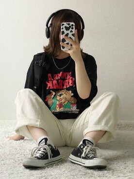 「flaner（フラネ）のペインターデニムパンツ【ユニセックス】（デニムパンツ）」を使った、ヒカルさん（レディース・154cm）の夏コーディネート