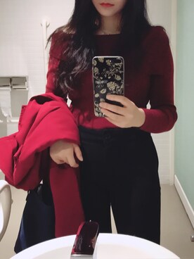 「Milkcocoaのアイテム（ニット/セーター、レッド系）」を使った、sharonwyfさん（レディース・160cm）の春コーディネート